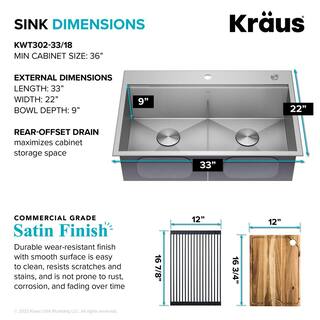 KRAUS Loften 33 in. Drop-inUndermount Double Bowl Stainless Steel Kitchen Workstation Sink with Accessories KWT302-3318