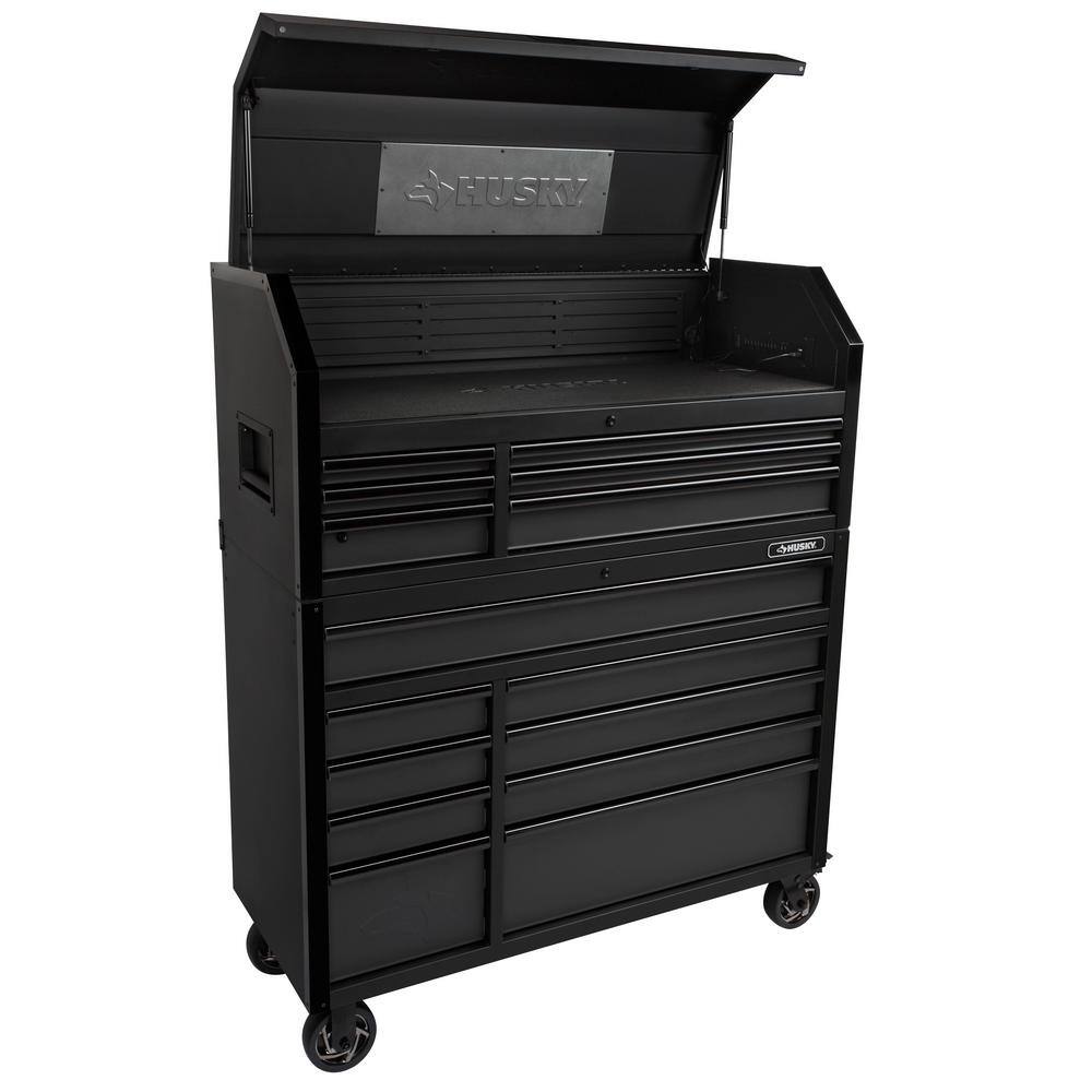 Husky 52 in. W x 21.5 in. D Heavy Duty 15-Drawer Combination Rolling Tool Chest Top Tool Cabinet with LED Light in Matte Black H52CH6TR9HDV3