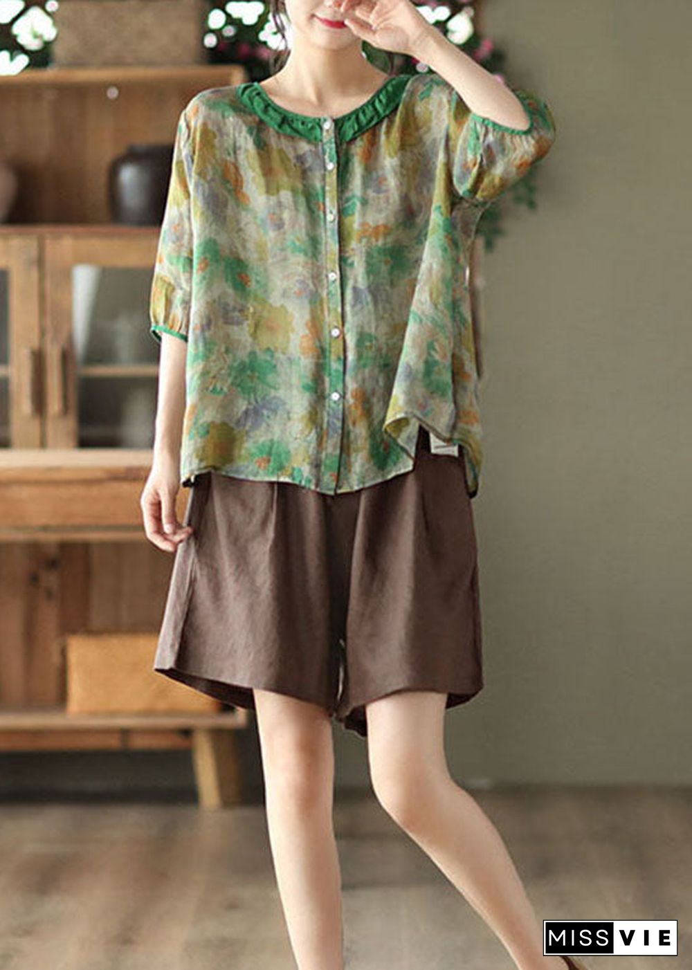 Simple Green O Neck Patchwork Print Linen Shirt Tops Half Sleeve