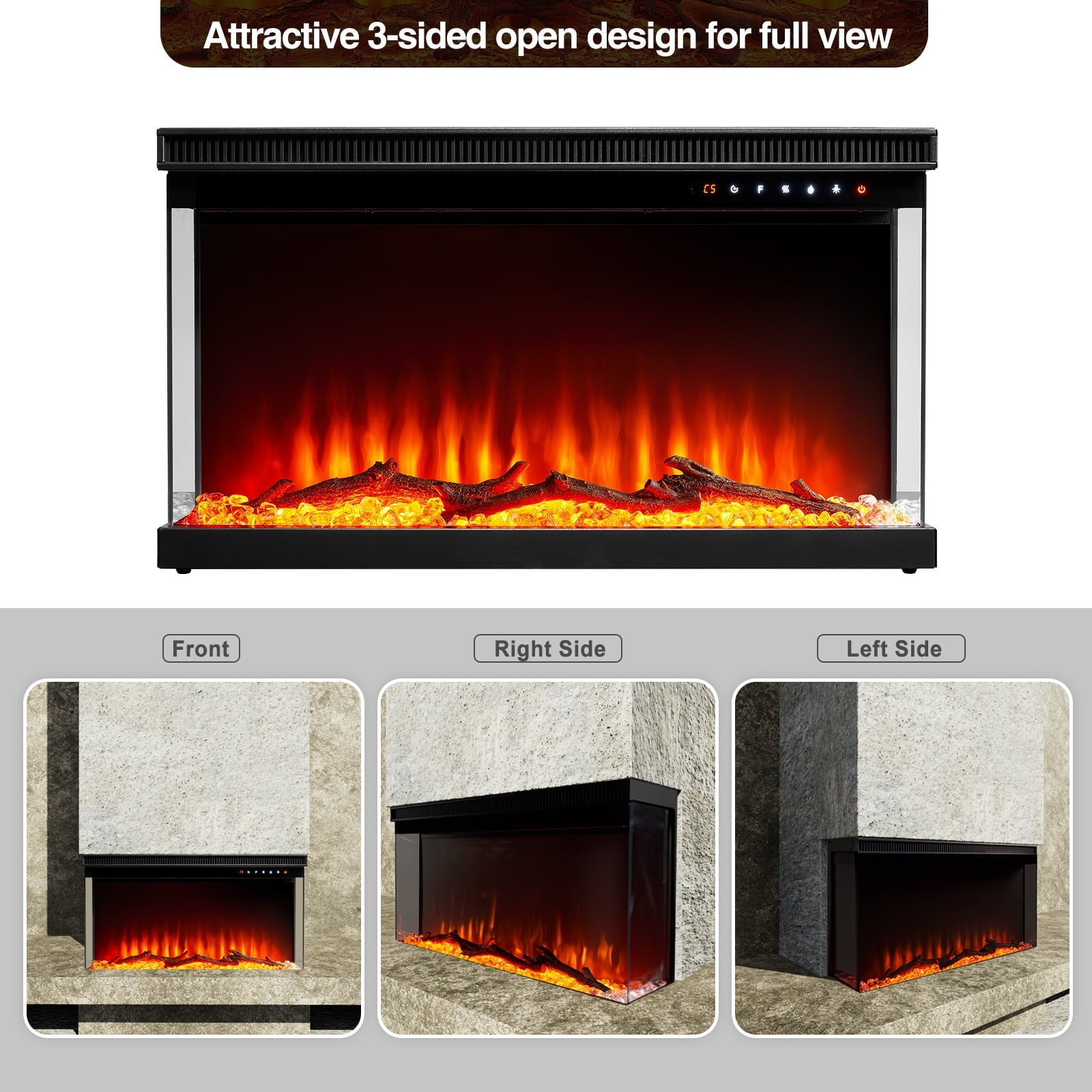 BaPiPro 30-Inch 3-sided Electric Fireplace, 750W/1500W, 9 Color Flame, Remote Control, Log Set & Crystal