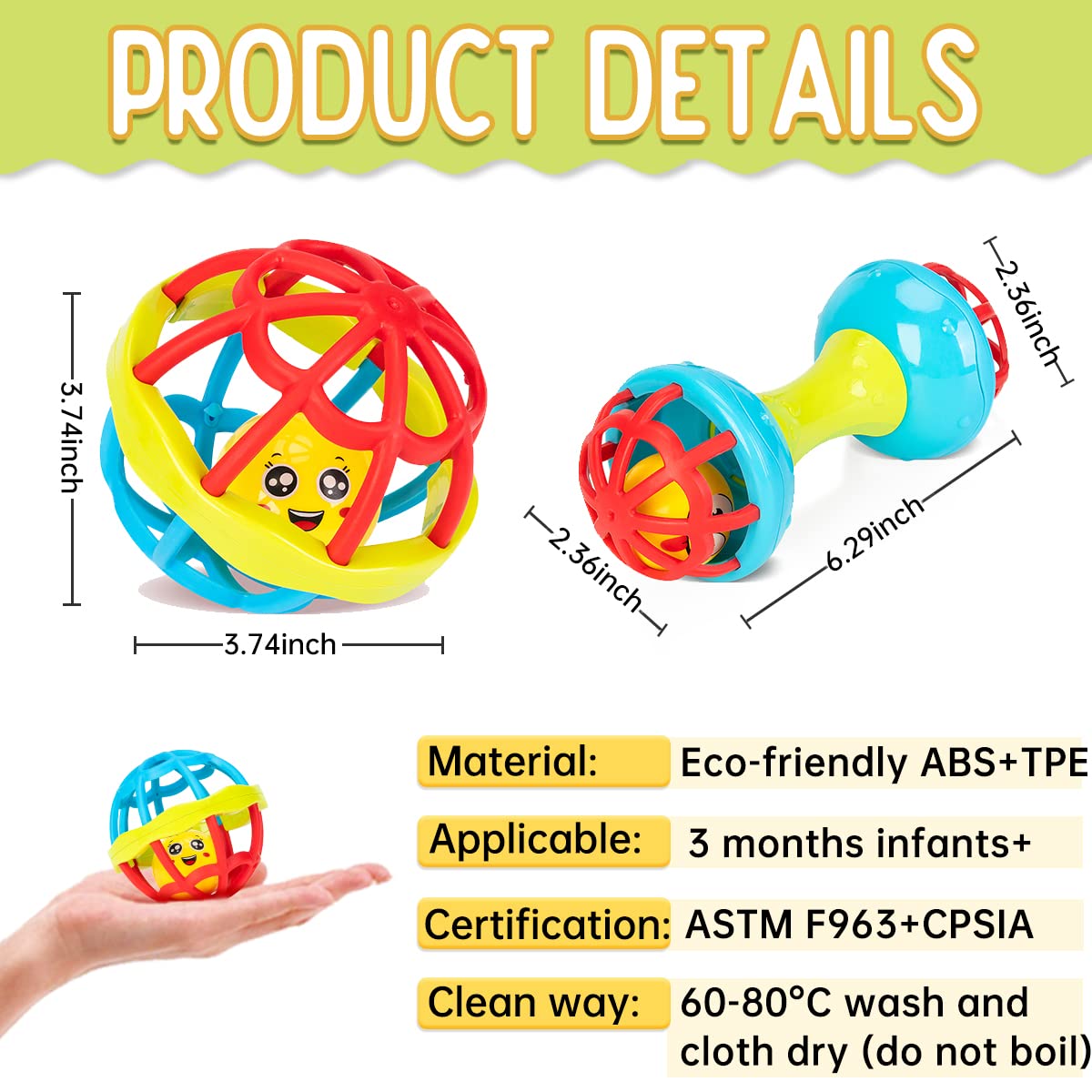 Infant Toys 6 to 12 Months Baby Rattle Easy-Grasp Shaker Set Crawling Sensory Educational Toys Non-Toxic 2PC for Newborn Boys Girls Gifts