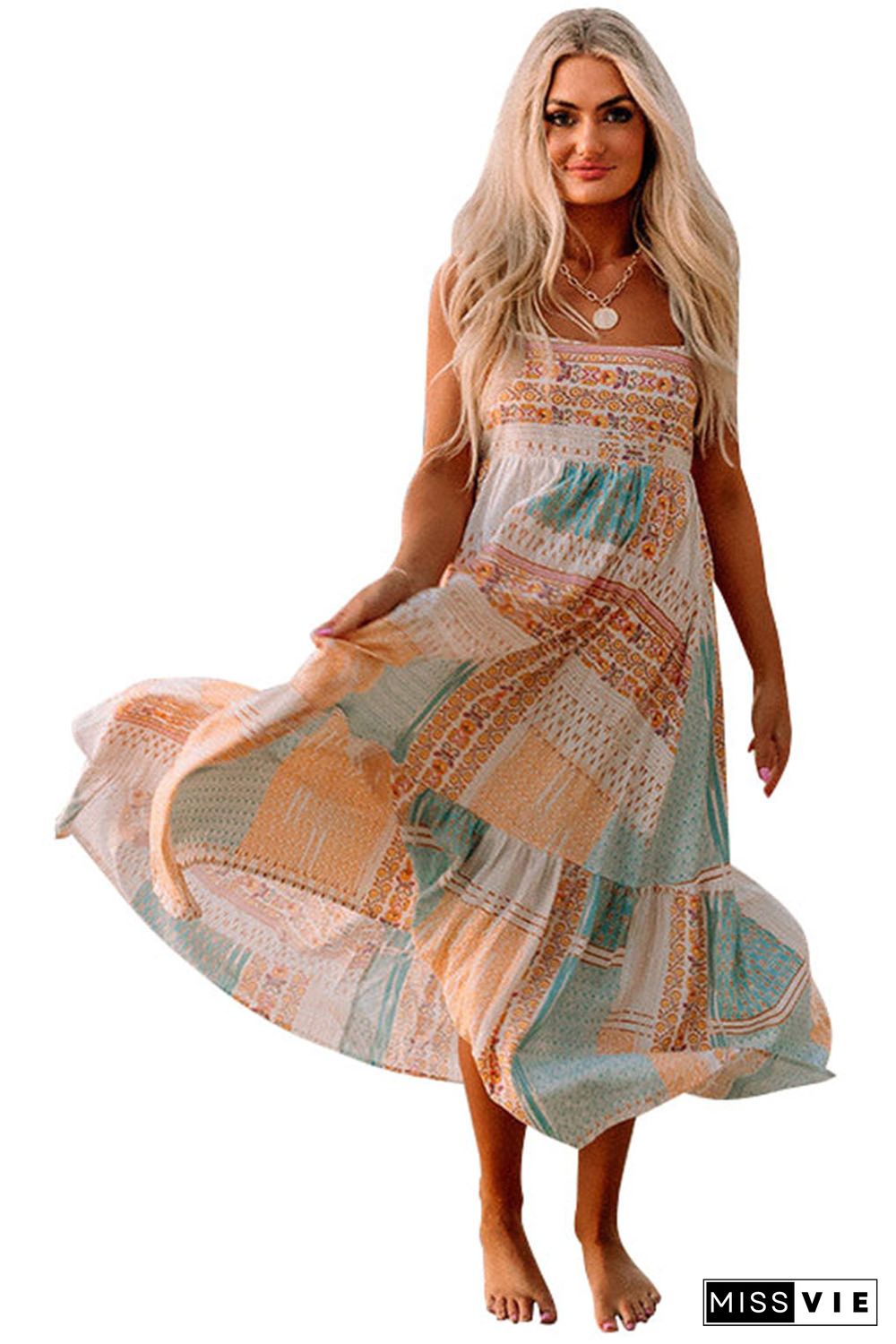 Multicolor Boho Patchwork Print Square Neck Sundress