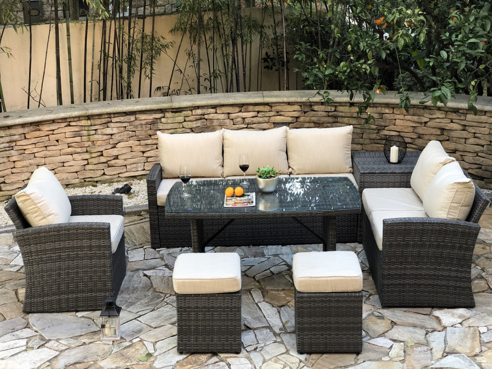 Cushioned 7 Piece Wicker Patio Sectional Sofa Dining Set with Storage Box   Tropical   Outdoor Dining Sets   by Abrihome  Houzz