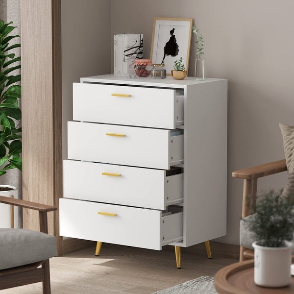 4 Drawers Chest， Modern Drawers Dresser with Gold Metal Legs Wood Storage Cabinet， Chest of Drawer Cabinet - as picture - - 37669013