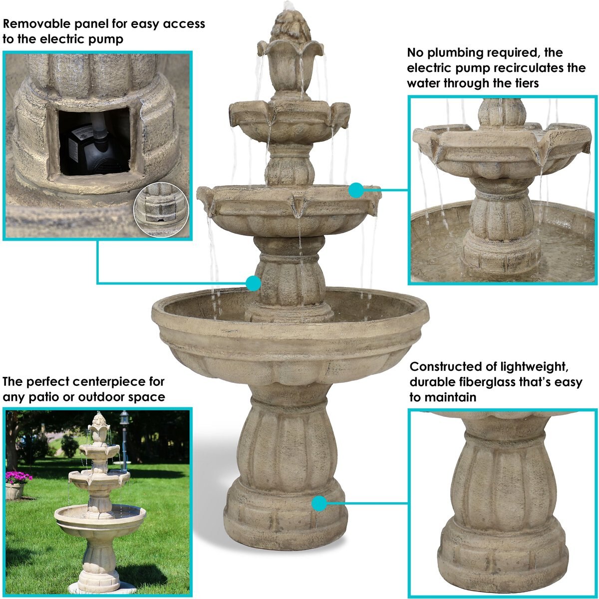 Sunnydaze Decor 3-Tier Outdoor Water Fountain