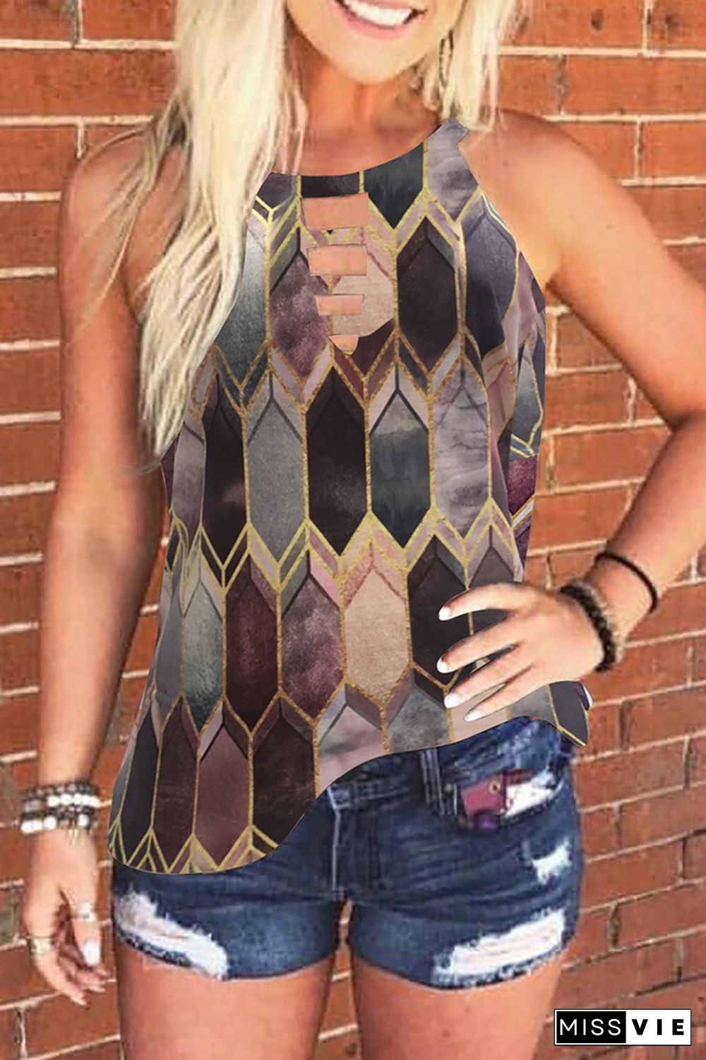 Aztec Print Round Collar Tank Top