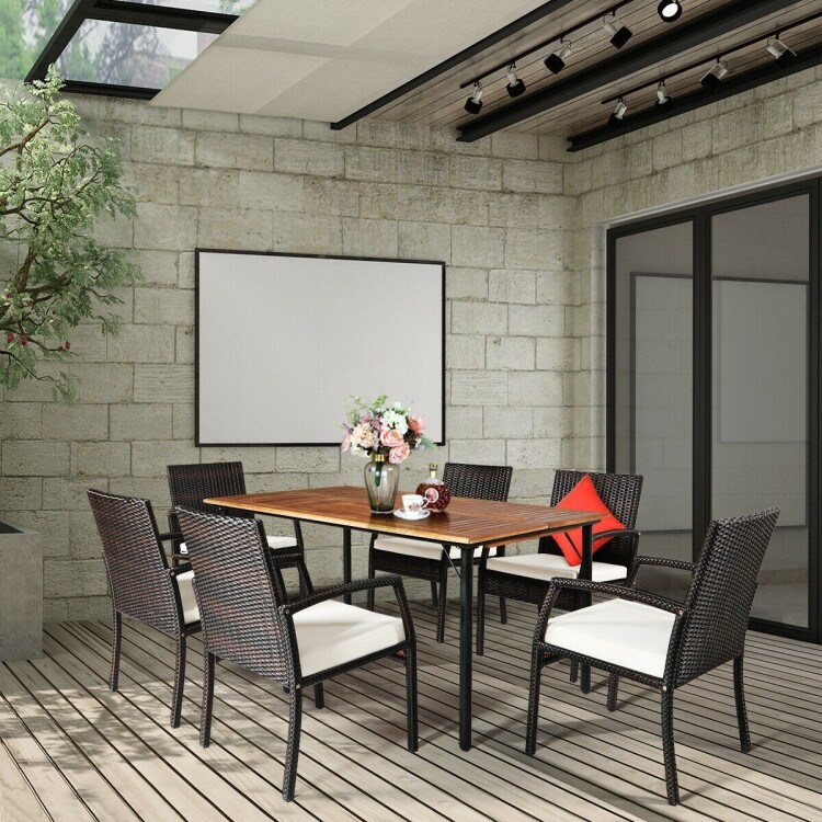 7PCS Patio Rattan Cushioned Dining Set with Umbrella Hole   24.5\