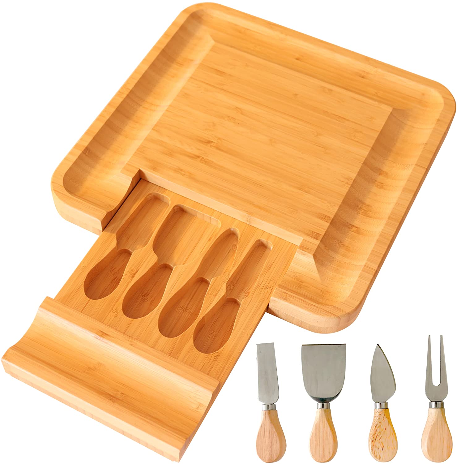 Organic Bamboo Cheese Charcuterie Cutting Boards with Cutlery and Knife Set， Includes 4 Stainless Steel Serving Utensils， Wooden Serving Tray for Meat Platter， Fruit and Crackers