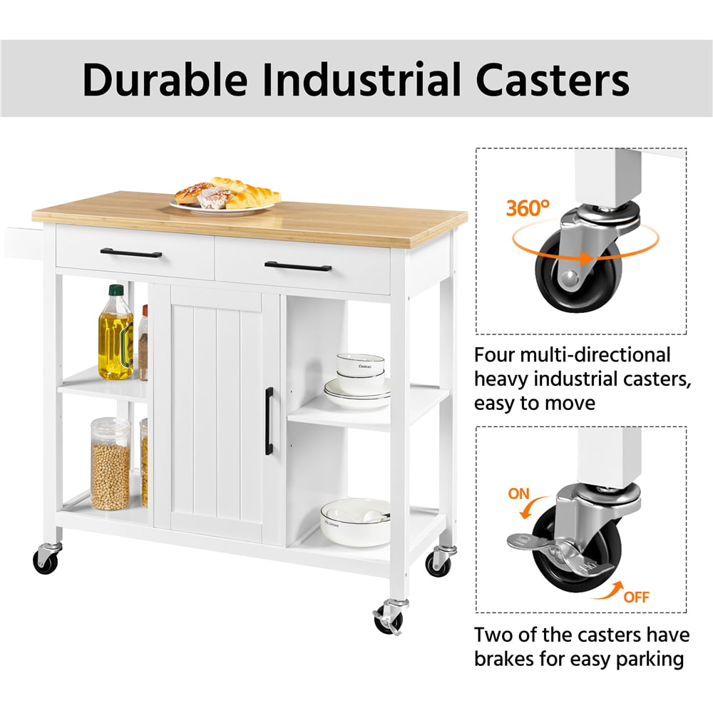 Topeakmart Mobile Kitchen Cart with Bamboo Top Kitchen Island on Wheels with Cabinet and Drawers and Towel Bar White