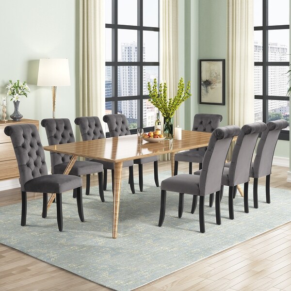 Set of 2 Dining Chairs with Button Tufted Upholstery， Sturdy Wood Frame Side Chair with Slightly Tapered Legs， Grey