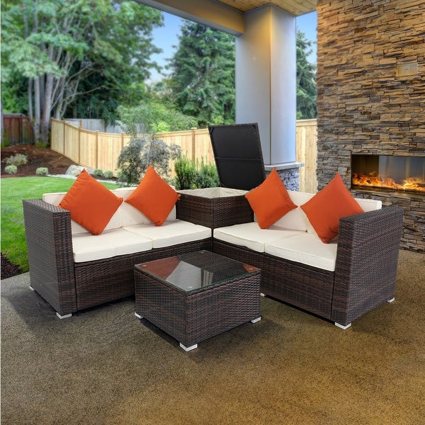 4 Piece Patio Sectional Wicker Rattan Outdoor Furniture Sofa Set with Storage Box - Overstock - 37366918