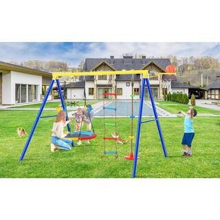 Metal Outdoor Swing Set with Steel Frames Climbing Rope Disc Tree Swing Playset and Basketball Hoop in Yellow LN20232281