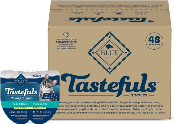 Blue Buffalo Tastefuls Savory Singles Tuna Entrée Cuts in Gravy Adult Cat Food， 2.6-oz cup， case of 24