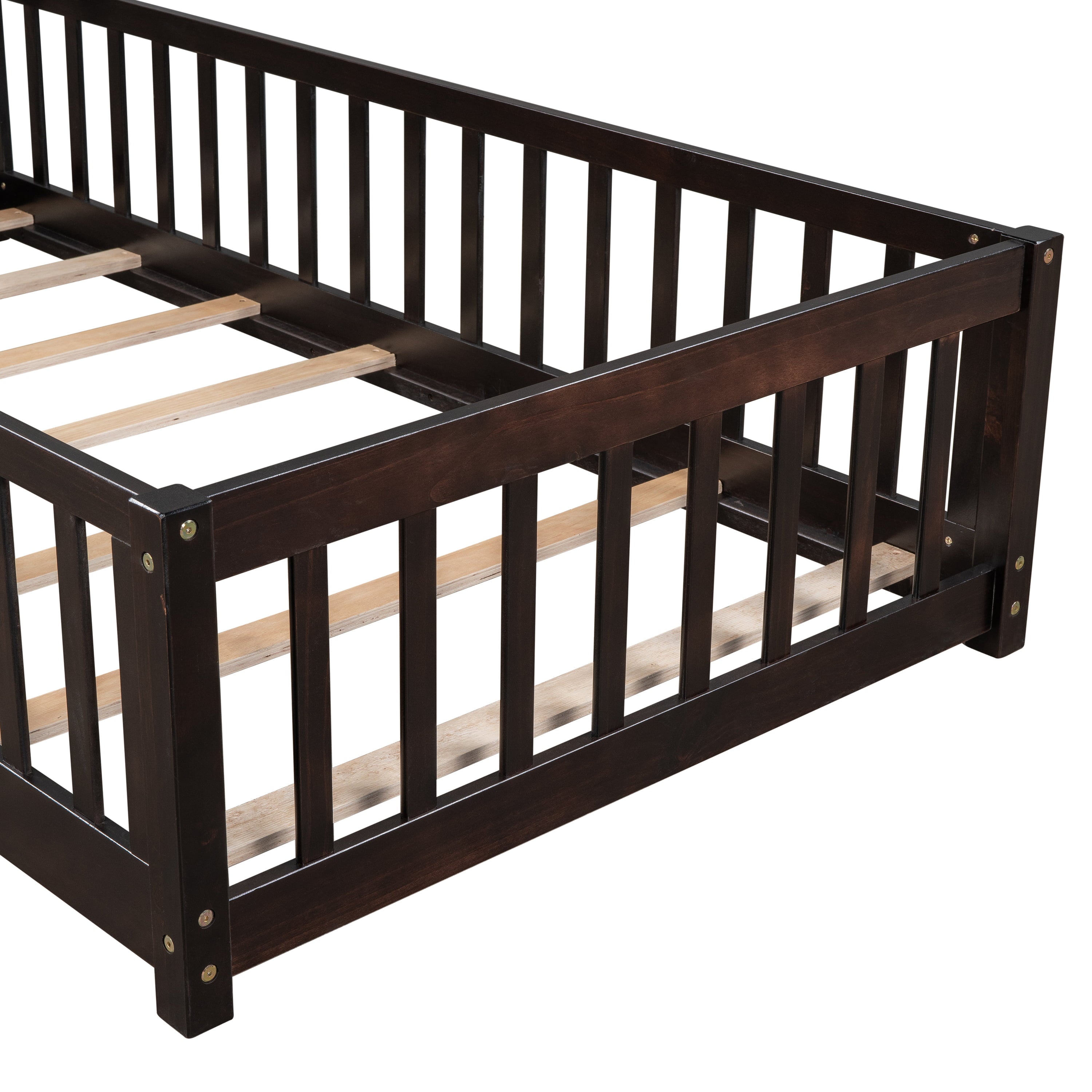 uhomepro Twin Size Wood Floor Bed Frame with Fence and Door for Kids, Toddlers, Espresso