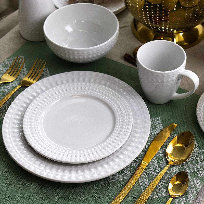 Elama Cara 16 Piece Round Porcelain Dinnerware Set in White