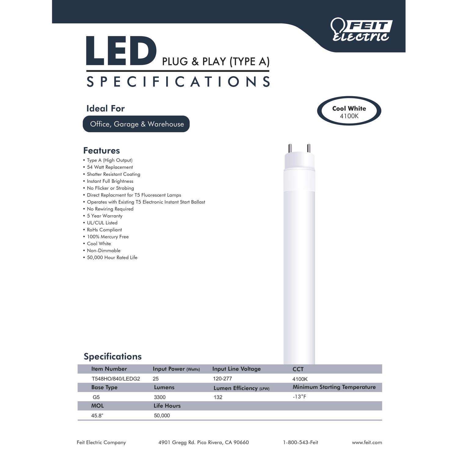 Feit Plug and Play T5 Cool White 45.8 in. G13 Linear LED Bulb 54 Watt Equivalence 1 pk