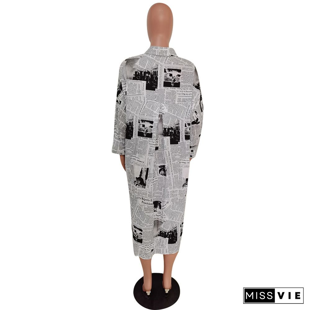 Asymmetric Newspaper Print Casual Shirt Dress