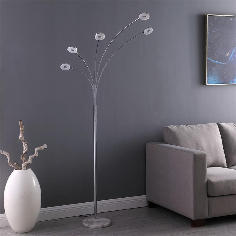 ORE International HBL2427 80 in. Avery 5 Arm Aluminum LED Semi Arc Floor Lamp& Silver Chrome Metal