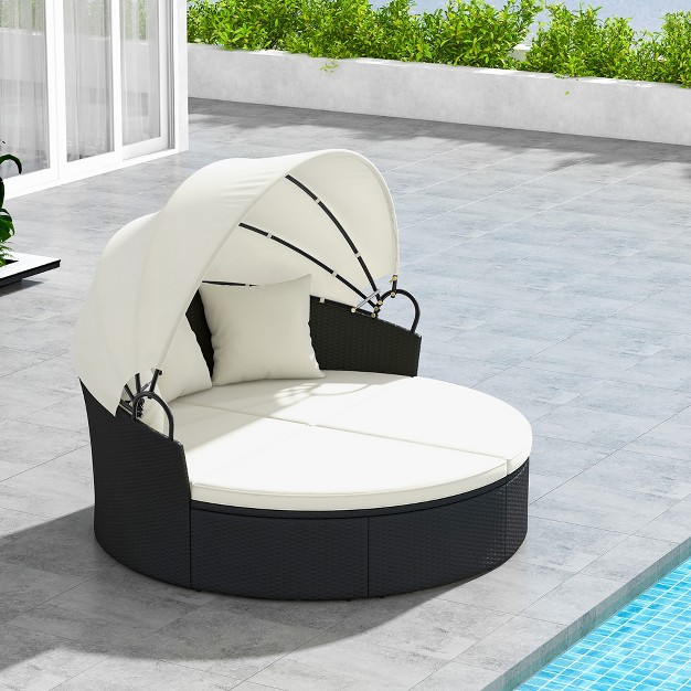 Tangkula Patio Round Daybed Wicker Daybed W Retractable Canopy Separated Seating Sectional Sofa