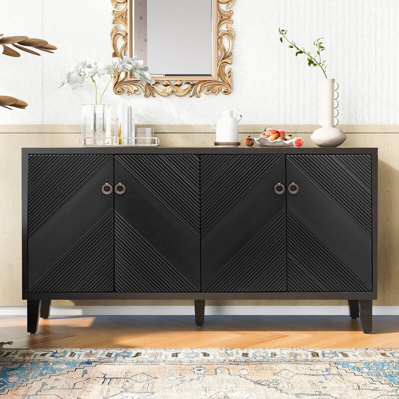 Storage Cabinet with Solid Wood Veneer  Light Luxury Buffet Sideboard with Adjustable Shelves for Hallway Kitchen  Black