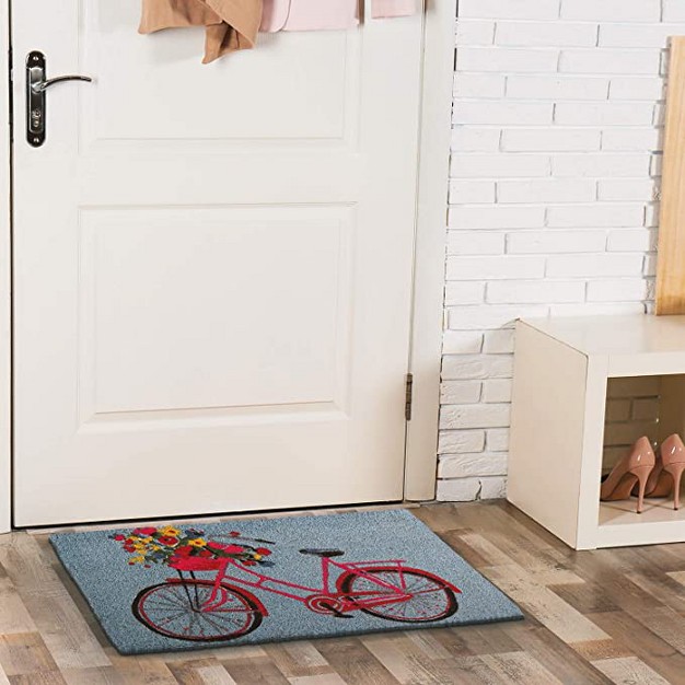 Bike Rider Coir Rectangle Indoor And Outdoor Coir Door Welcome Mat Red Bike On Blue Background