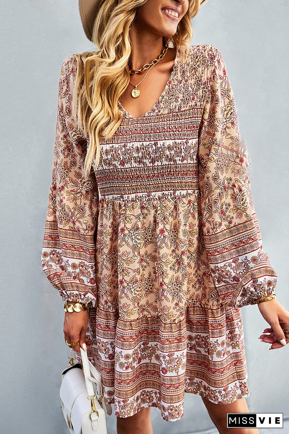 V Neck Smocked Boho Floral Long Sleeves Dress