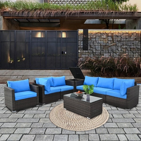 8Pieces Brown Wicker Outdoor Sectional Set with Glass Coffee Table