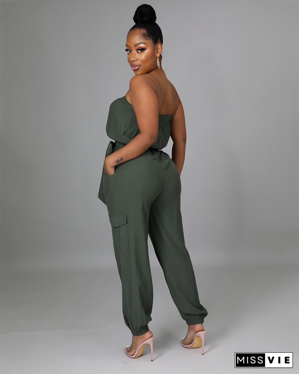 Pocket Design Belted Bandeau Jumpsuit