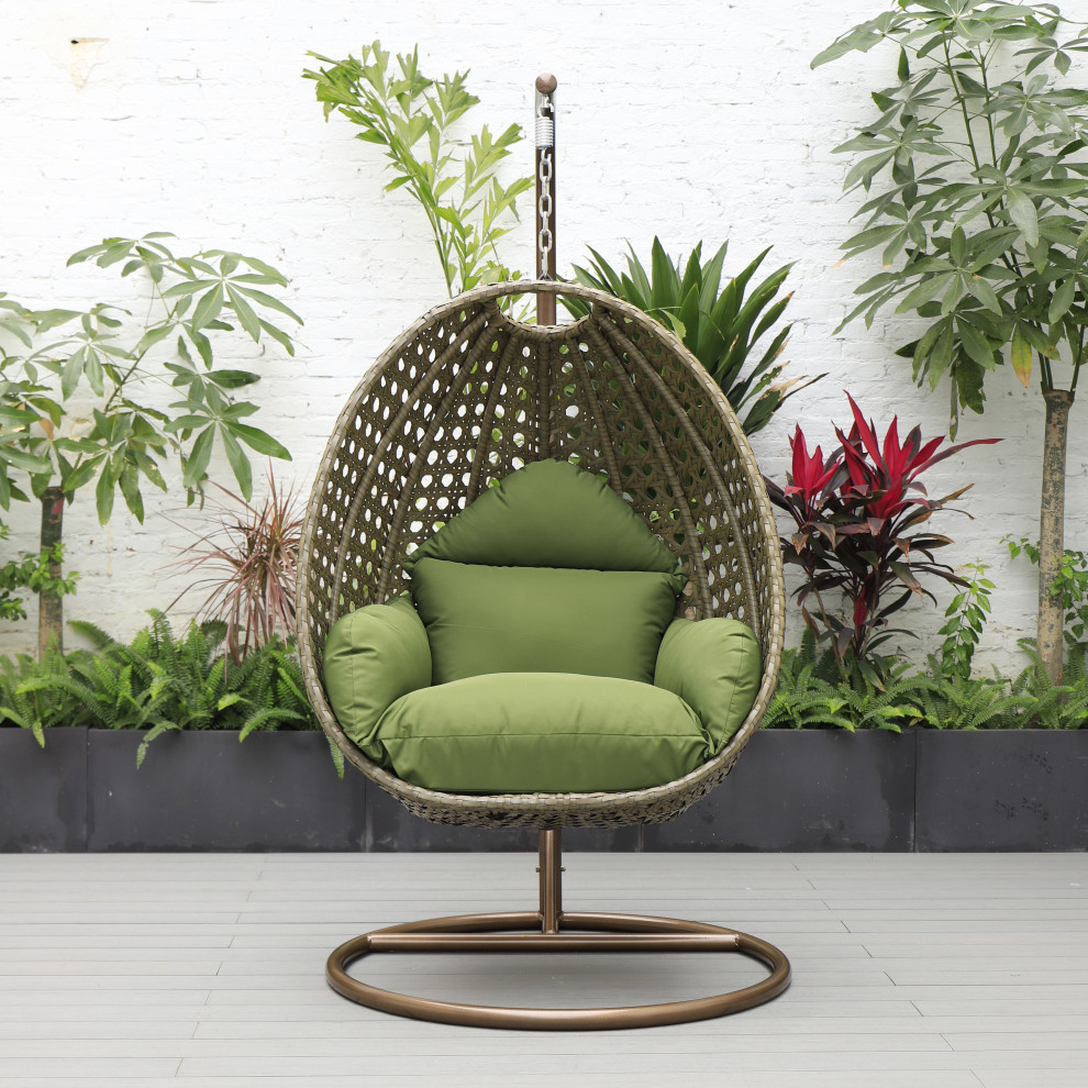 LeisureMod Beige Wicker Hanging Egg Swing Chair With Stand and Cushion   Tropical   Hammocks And Swing Chairs   by LeisureMod  Houzz