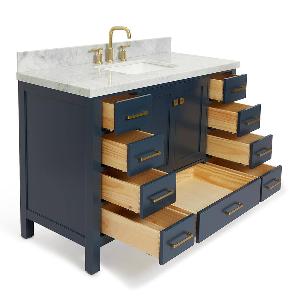 ARIEL Cambridge 49 in. W x 22 in. D Vanity in Midnight Blue with Marble Vanity Top in Carrara White with White Basin A049SCWRVOMNB