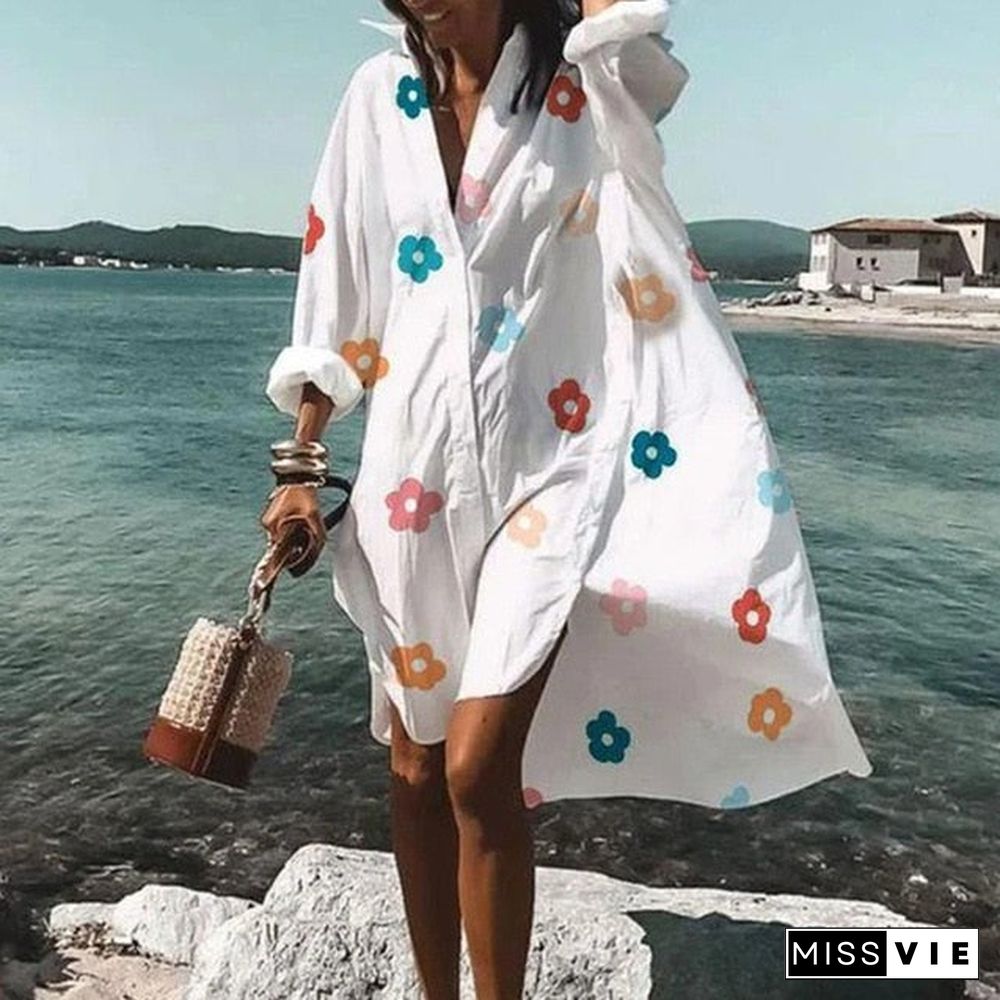 New Fall Summer Women V Neck Button Print Dress Casual Elegant Long Sleeves Irregular Shirt Dress Loose Sexy Beach Party Dresses