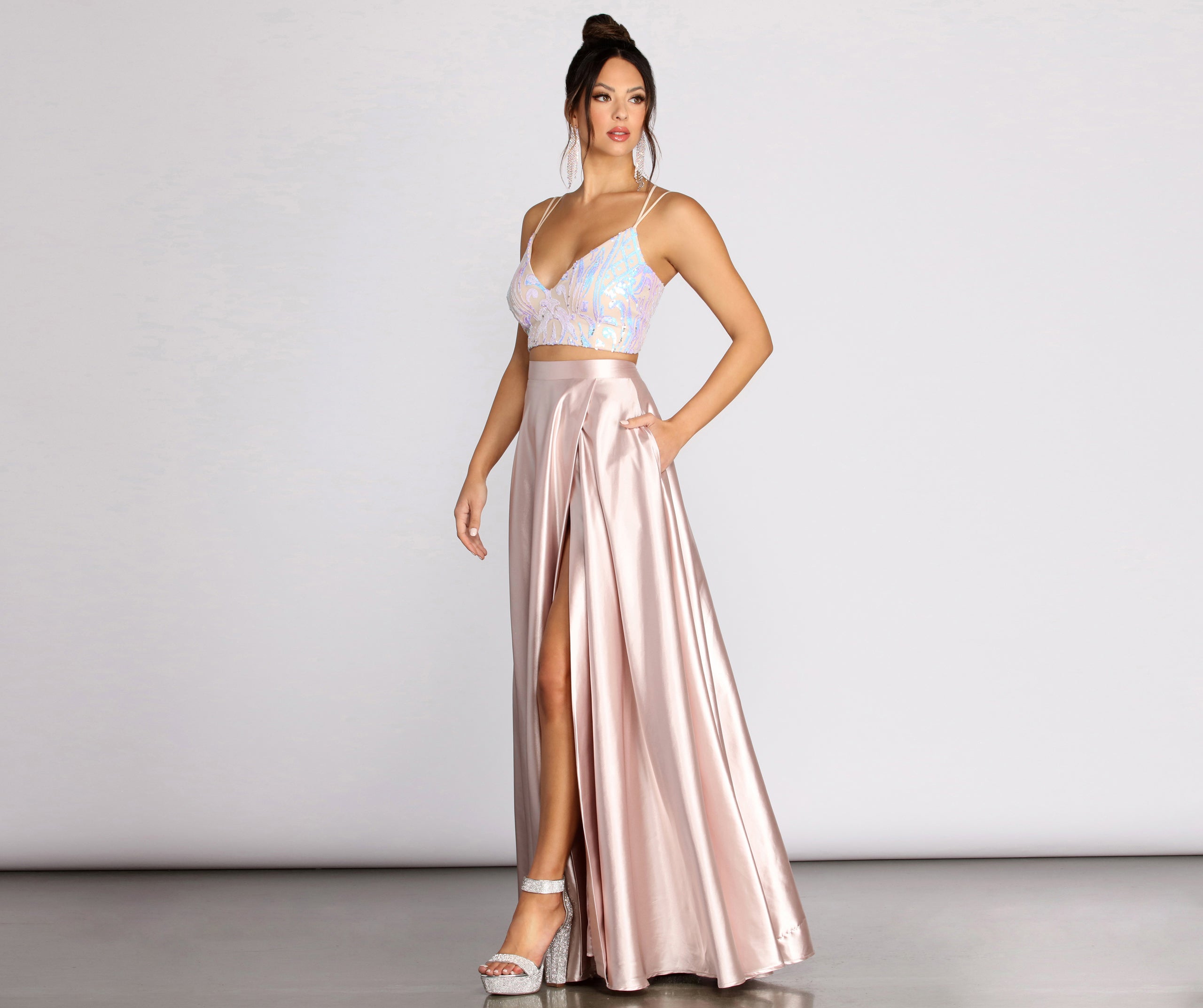 Inez Iridescent Sequin Two Piece Satin Dress