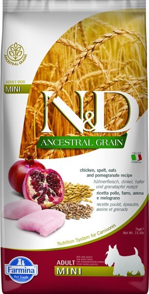 Farmina NandD Ancestral Grain Chicken and Pomegranate Recipe Adult Mini Dry Dog Food， 15.4-lb bag