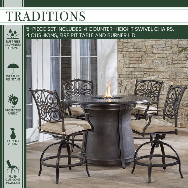 Hanover Traditions 5Piece HighDining Set with 4 Swivel Chairs and a 40，000 BTU Casttop Fire Pit Table