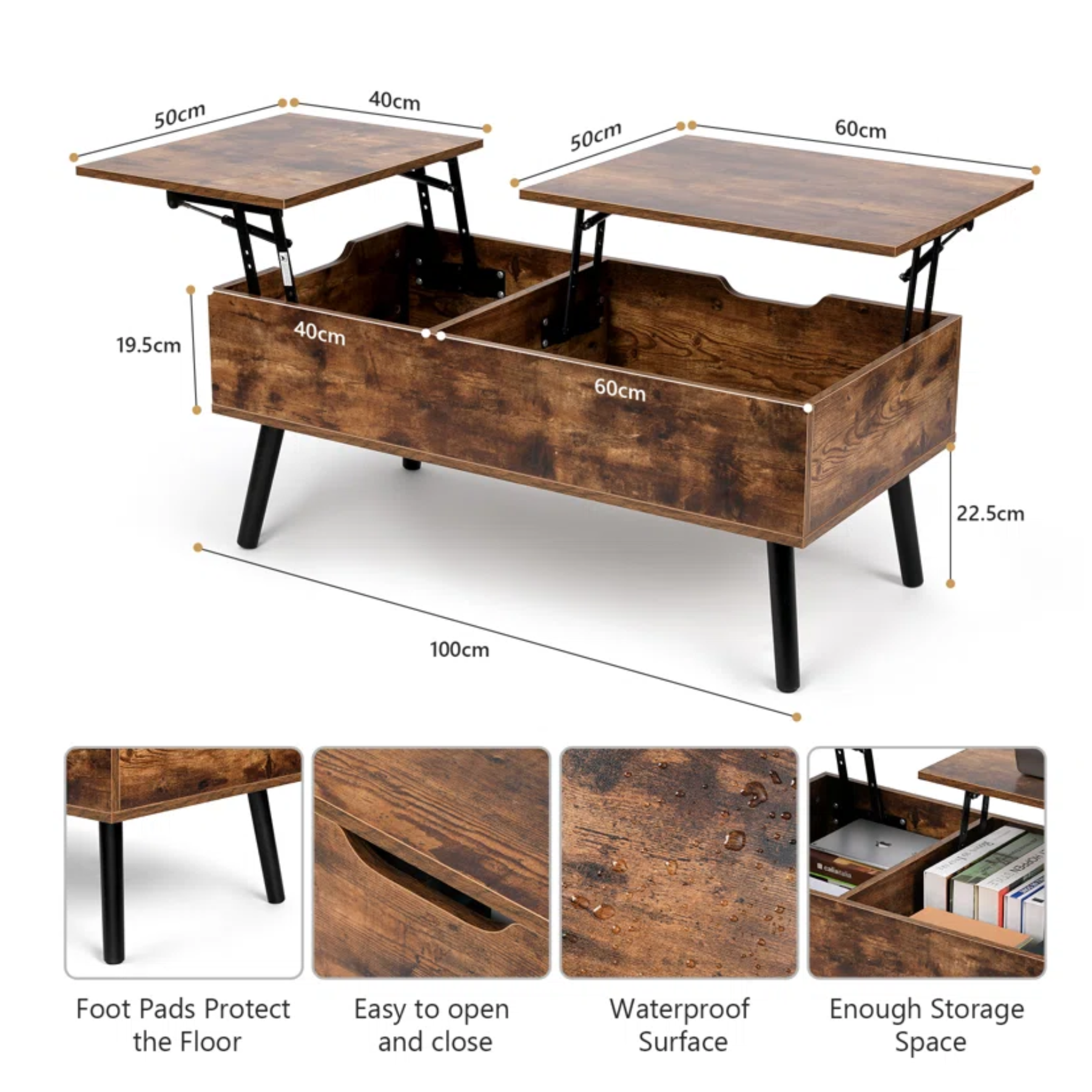 Lift Top Coffee Table with Storage, Double Lift Top Rectangular Storage Coffee Table