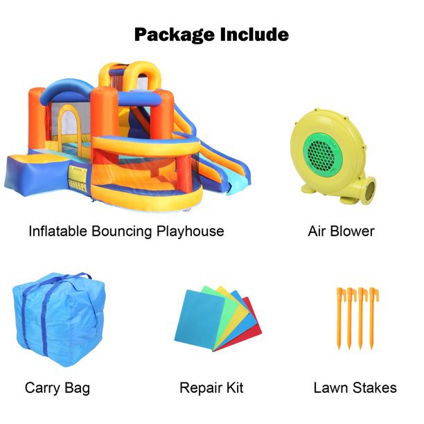 Inflatable Bounce House, 420D Oxford Cloth PVC Bouncy Castle Orange Blue (Trampoline/Slide/Ocean Ball Area/Ball Frame/With Three Balls) - Including Blower