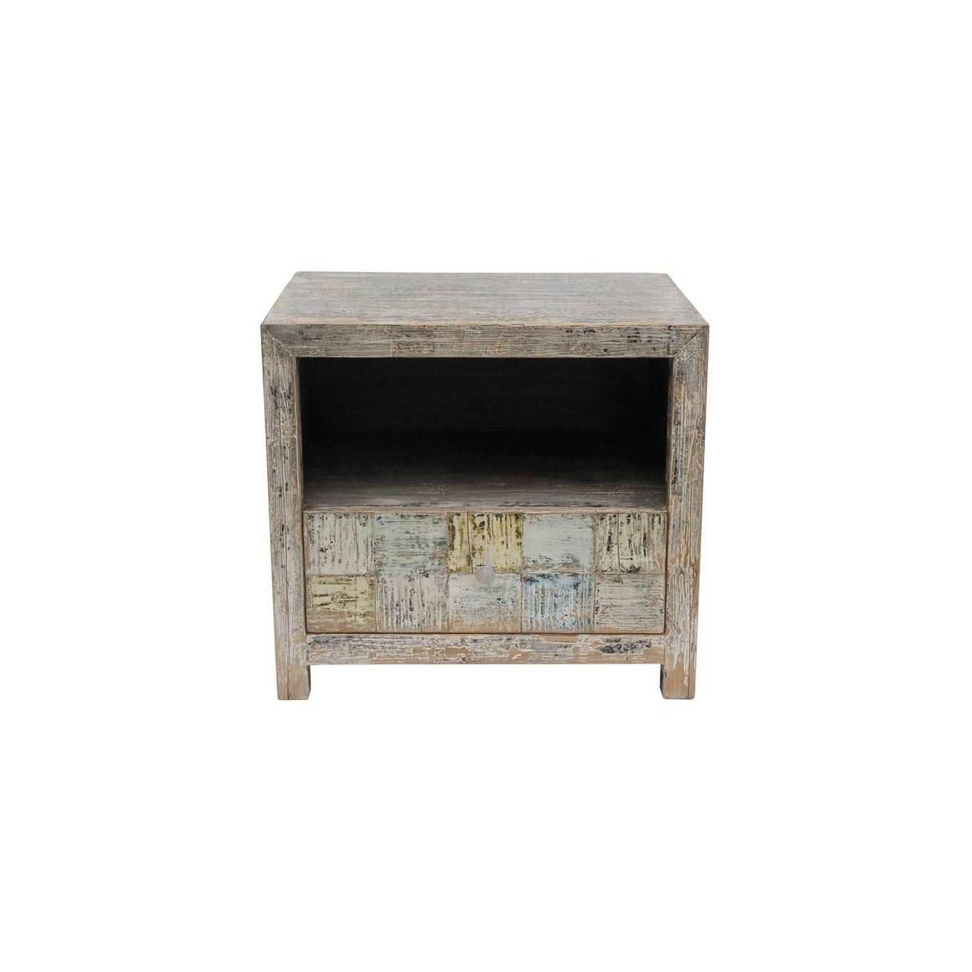 Artissance Reclaimed Wood Shandong Checkerboard Side Table， 24 Inch Tall， Weathered Gray Wash