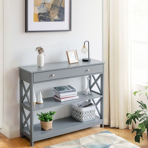 Costway 3-Tier Console Table X-Design Sofa Entryway Table with Drawer