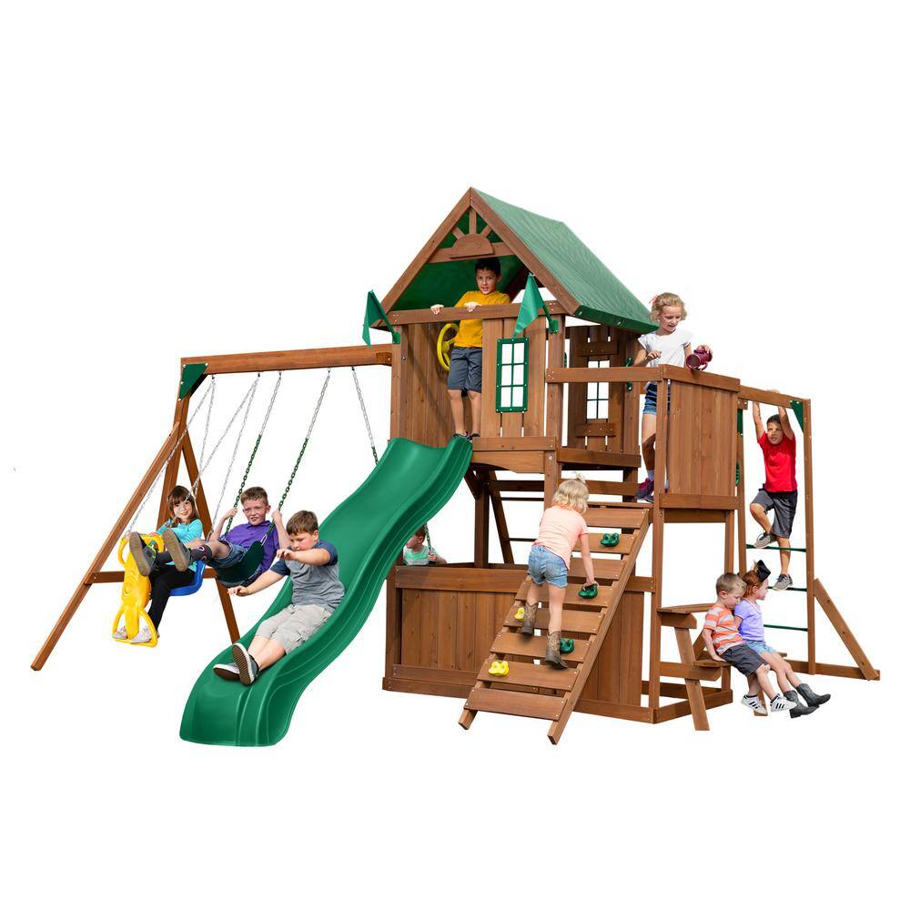 Swing-N-Slide Playsets Knightsbridge Plus Complete Wooden Outdoor Playset with Monkey Bars Slide Rock Wall and Swing Set Accessories WS 8351