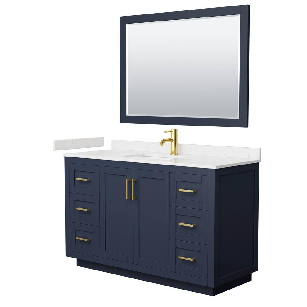 Wyndham Collection 54 in. W x 22 in. D x 33.75 in. H Single Sink Bath Vanity in Dark Blue with Carrara Cultured Marble Top and Mirror WCF292954SBLC2UNSM46