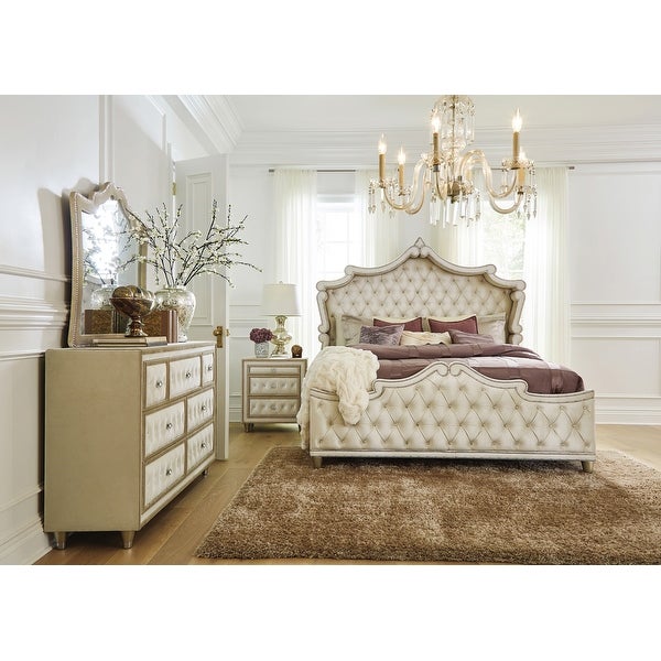 Upholstered Eastern King Bedroom Set in Ivory and Camel - - 36135747