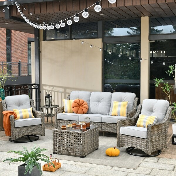 HOOOWOOO 5piece Patio Wicker Furniture Conversation Set with Swivel Chair and Coffee Table