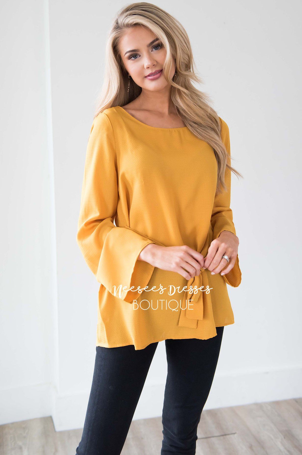 Bell Sleeve Tie Waist Blouse