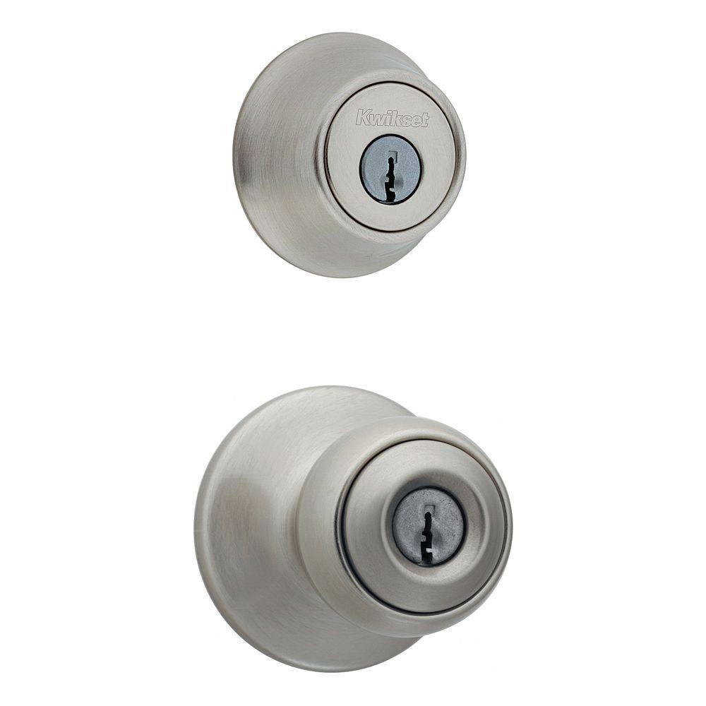 Kwikset Polo Satin Nickel Single Cylinder Entry Door Knob Lock Deadbolt Combo Pack with Microban Antimicrobial Technology 96900-308