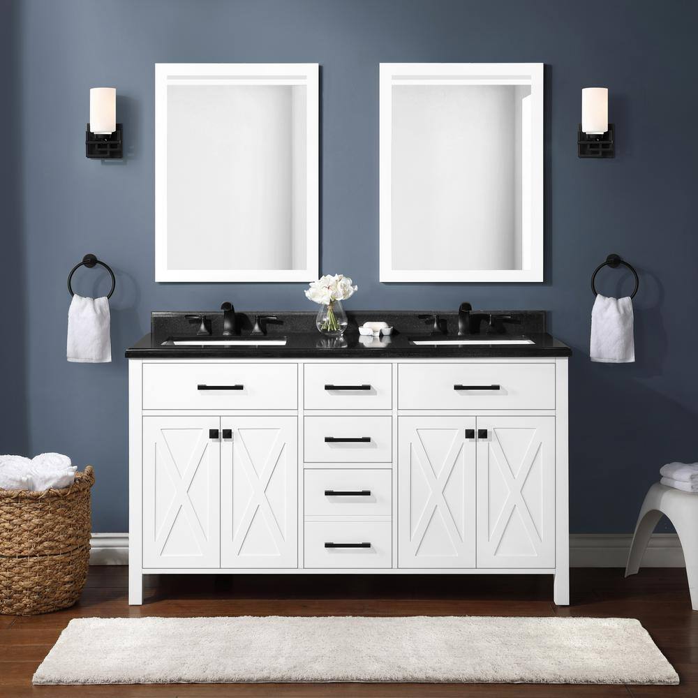 Home Decorators Collection Ainsley 60 in. W x 22 in. D x 34.5 in. H Double Sink Bath Vanity in White with Black Granite Top Ainsley 60W-B