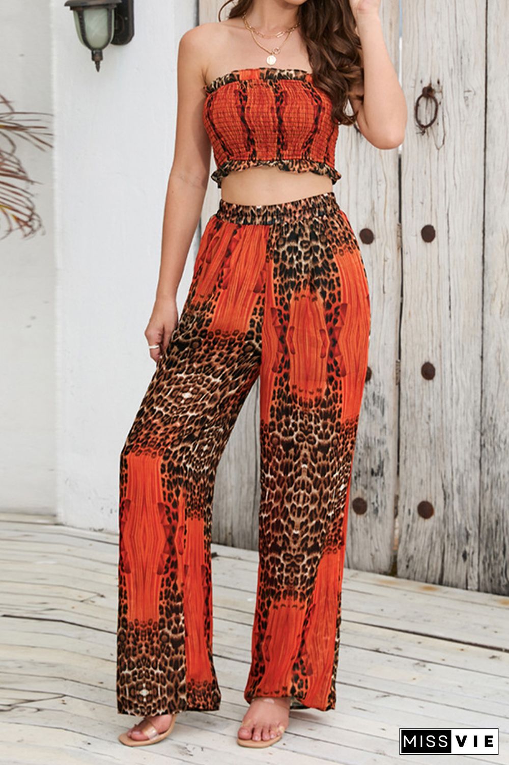 Halter Neck Tube Top and Wide Leg Pants Leopard 2PCS Set