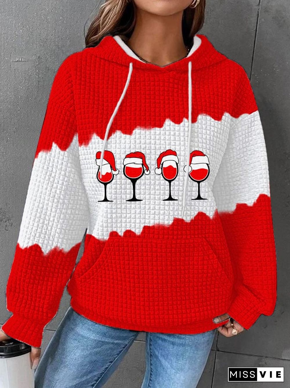 Women's Christmas Wine Glass Print Waffle Hoodie