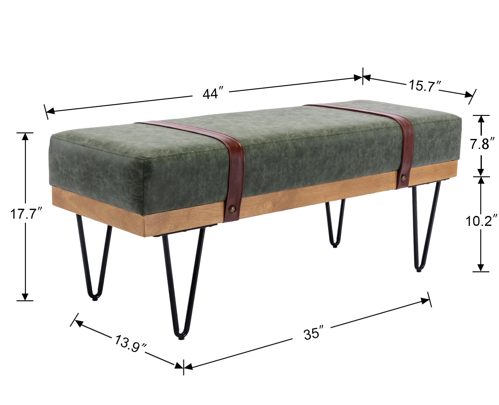 Guyou Modern Faux Leather Rectangle Ottoman Bench with Two Straps and Metal Legs, Upholstered Bed End Bench Entryway Shoe Bench Dining Table Bench Footstool for Bedroom Living Room, Green