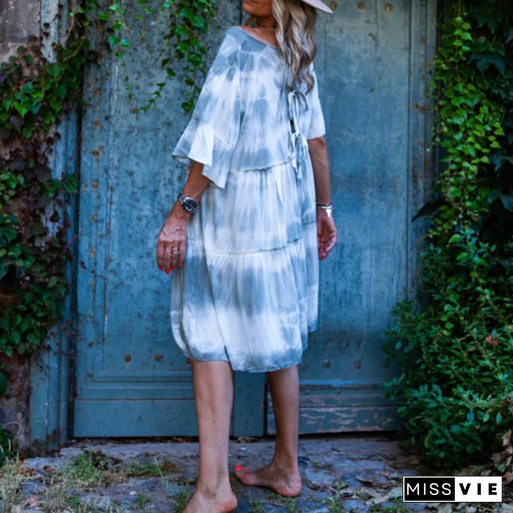 Off Shoulder Tie Dye Loose Casual Midi Dress