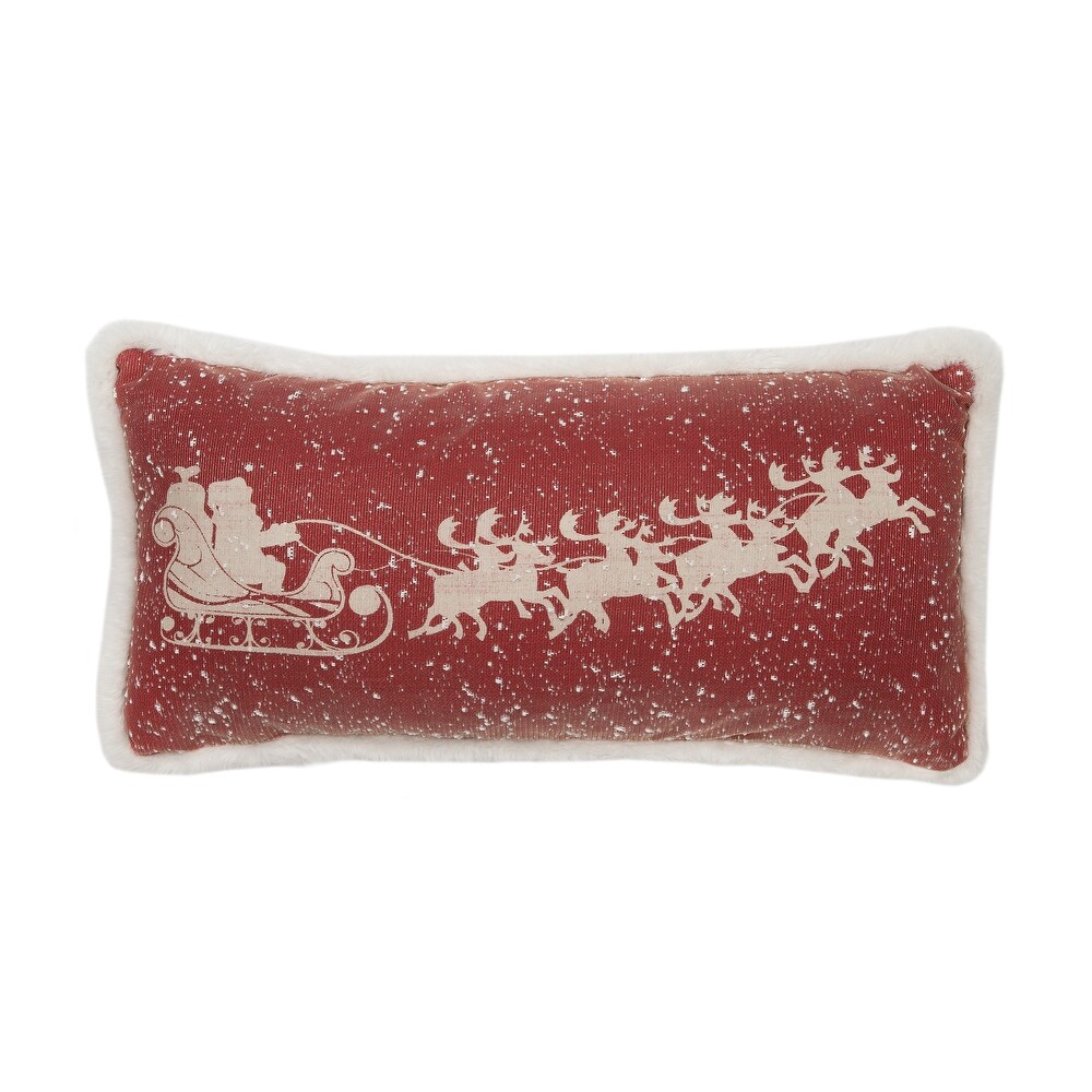 Snow Scene Printed Santa's Sleigh and Reindeer with Faux Fur Trim Christmas Pillow   10 by 20 Inch